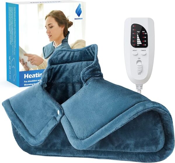 Heating Pad for Neck and Shoulders, NIUONSIX Birthday Gifts for Women Mom Wife Her Men Him Dad Husband, Weighted Electric Heat Wrap for Back Pain Relief 6 Heat Settings 4 Timers 2h Auto Off, Blue