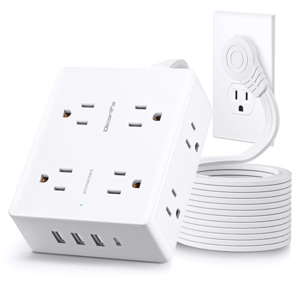 Surge Protector Power Strip 10 ft Cord, Olcorife Ultra Thin Flat Plug Extension Cord, 8 Outlets 4 USB Ports(1 USB C), Flat Plug Outlet Extender, College Dorm Room Essentials, White