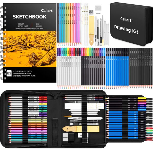 Caliart 176PCS Art Supplies Sketching Kit with 100 Sheets 3-Color Sketch Book, Graphite Colored Charcoal Watercolor & Metallic Pencils, School Supplies Gifts for Artists Adults Teens Girls Boys Kids