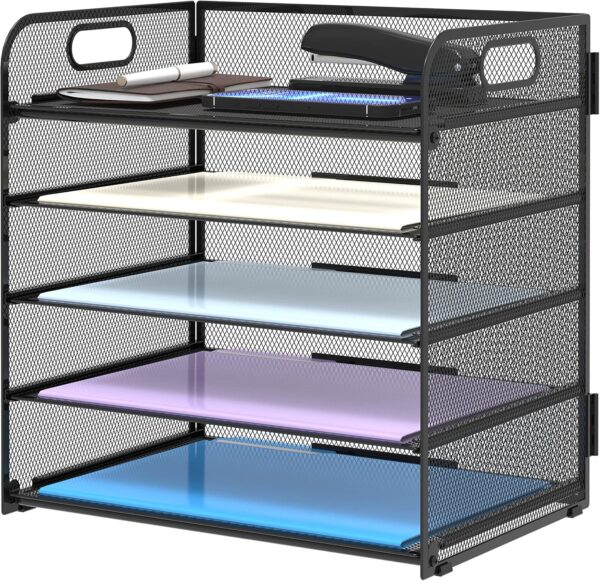 Supeasy 5 Trays Paper Organizer Letter Tray with Handle-Mesh Desk File Organizer, Paper Sorter Desk Organizer for Office, Home or School