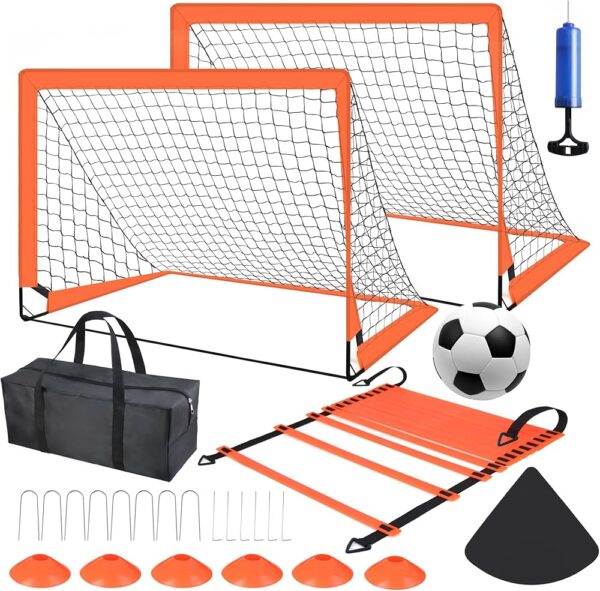 Kids Soccer Goals for Backyard Set, 2 Pack of Portable Pop Up Soccer Nets with Soccer Ball, Agility Ladder, Cones, Complete Training Equipment for Youth, Toddler Outdoor Sports Games