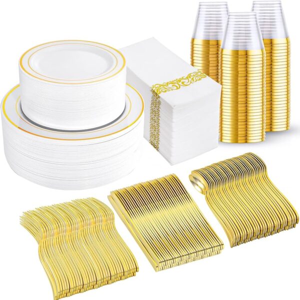 I00000 350Pcs Gold Dinnerware Set for 50 Guests, Gold Plastic Plates for Party, Include: 100 Disposable Plastic Plates, 50 Paper Napkins, 50 Cups, 50 Silverware Set Perfect for Party & Wedding