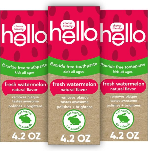 Hello Natural Watermelon Flavor Baby & Kids Fluoride Free Toothpaste, Vegan, SLS Free, Gluten Free, Safe to Swallow for Baby and Toddlers, 4.2 Ounce (Pack of 3)