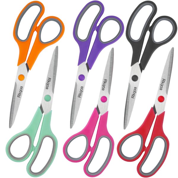 Scissors, Rkqoa 8" Scissors All Purpose 6 Pack - Comfort-Grip Sharp Scissors for Office School Sewing Fabric Craft Desk Supplies, Classroom Must have, Teacher/Class Scissors, Right/Left Handles