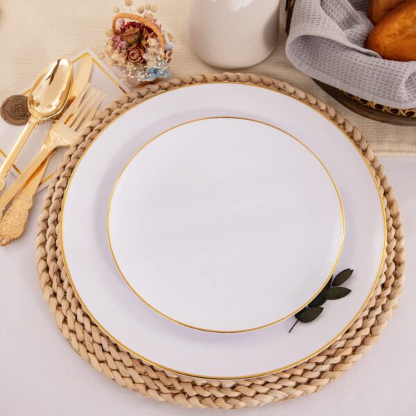 KIRE 100PCS Gold Plastic Plates - White Disposable Plates with Gold Rim for Party/Wedding - Include 50Pieces 10.25inch Gold Dinner Plates and 50Pieces 7.5inch Gold Dessert/Salad Plates