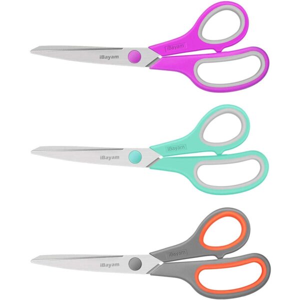 Scissors, iBayam 8" All Purpose Scissors Bulk 3-Pack, Ultra Sharp 2.5mm Thick Blade Shears Comfort-Grip for Office Desk Accessories Sewing Fabric Home Craft Teacher School Supplies, Right/Left Handed